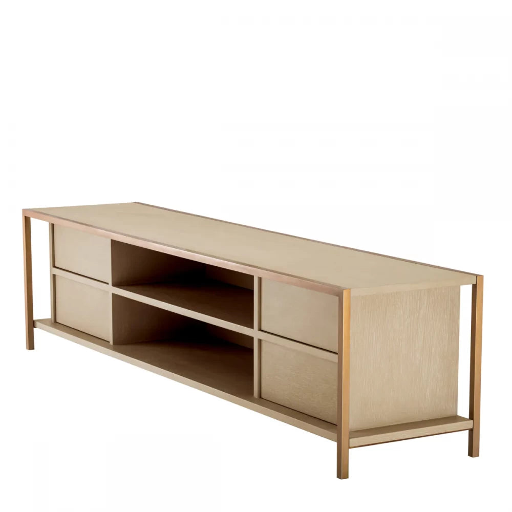 Comoda TV din Furnir de stejar Maro deschis si Metal Alama L220xH56cm Wilmot Eichholtz