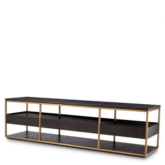 Comoda TV din Furnir de stejar Maro Mocha si Metal Alama L220xH61cm Parker L Eichholtz