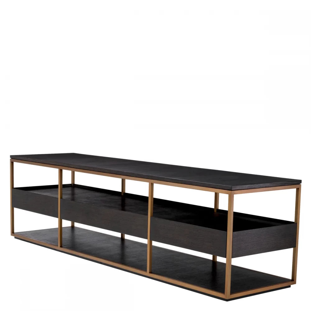 Comoda TV din Furnir de stejar Maro Mocha si Metal Alama L220xH61cm Parker L Eichholtz