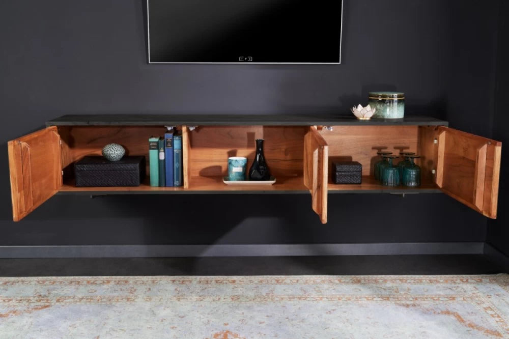 Comoda TV suspendata cu usi furnir de piatra Turcoaz din Lemn de salcam lacuit Negru L160xH29cm Mountain Soul