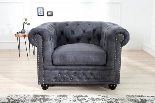 Fotoliu tapitat cu Microfibra Gri cu picioare din Lemn masiv Negru H70xL105xA85cm Chesterfield