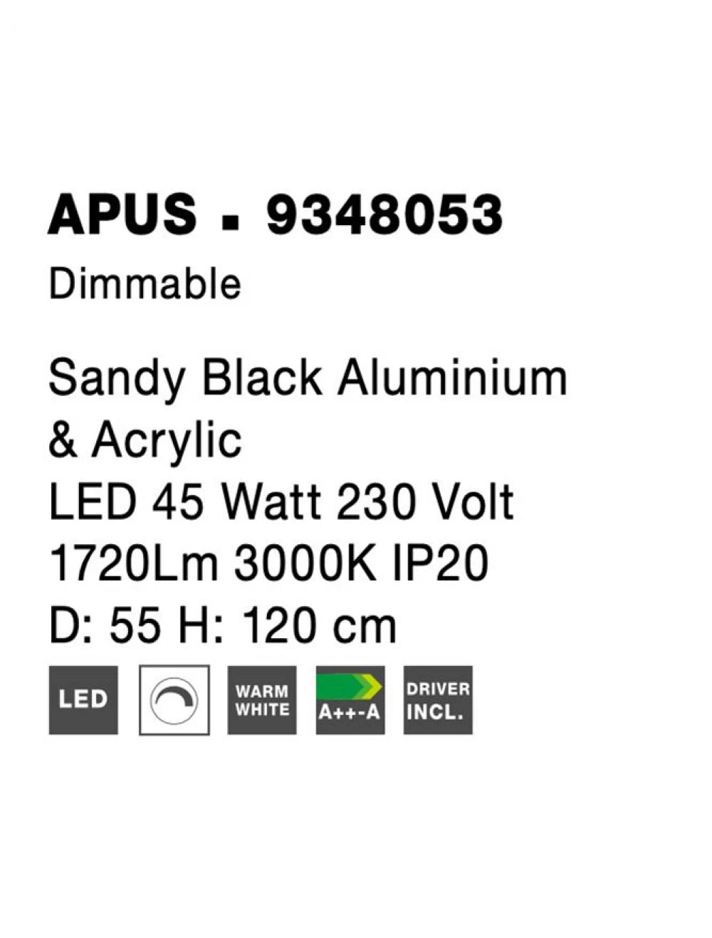 Lustra din Aluminiu Negru H120xL55cm IP20 45W 1720lm 3000k APUS