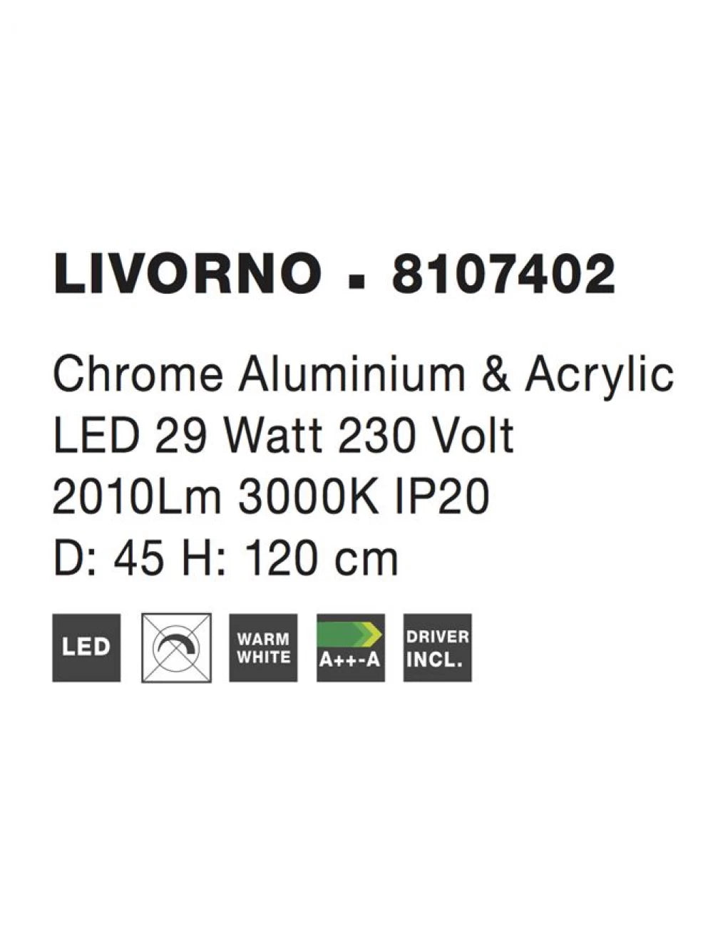 Lustra structura din Aluminiu Argintiu si abajur din Acrilic Transparent H120xL45cm IP20 29W 2010lm 3000k LIVORNO
