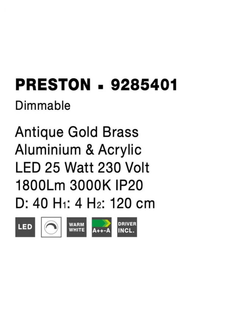 Lustra structura din Aluminiu Auriu antichizat si abajur din Acrilic Transparent H120xL40cm IP20 30W 1827lm 3000k PRESTON