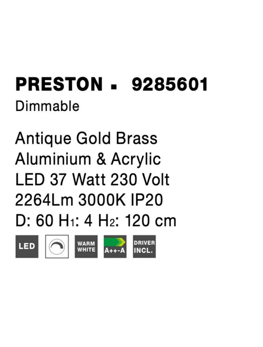Lustra structura din Aluminiu Auriu antichizat si abajur din Acrilic Transparent H120xL60cm IP20 35W 2264lm 3000k PRESTON