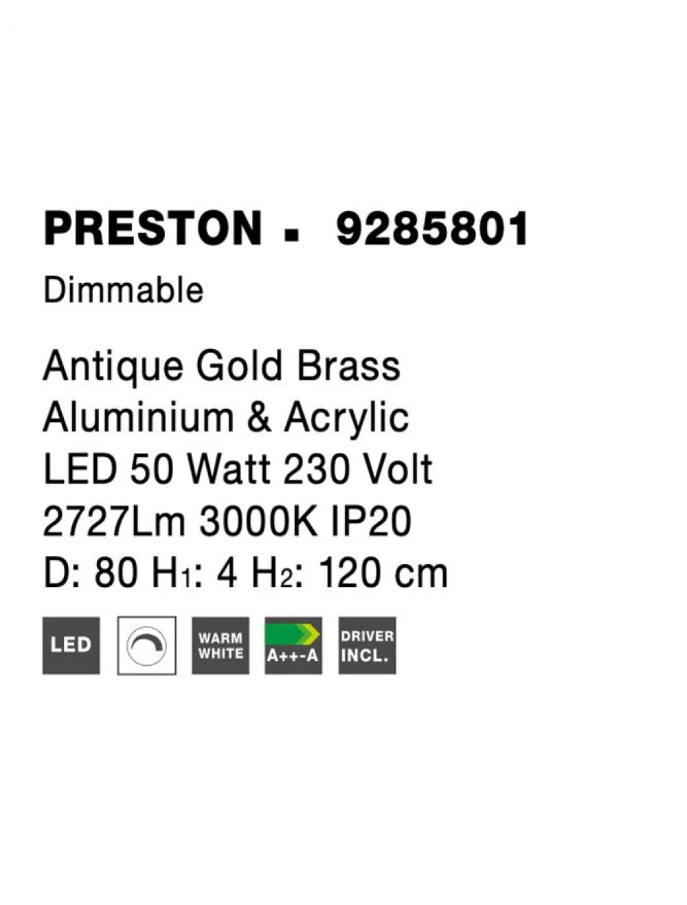 Lustra structura din Aluminiu Auriu antichizat si abajur din Acrilic Transparent H120xL80cm IP20 49W 2727lm 3000k PRESTON