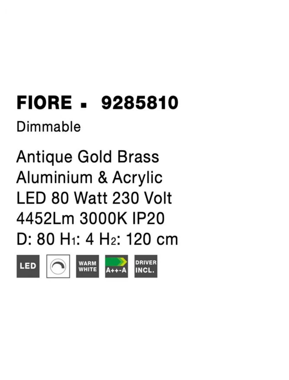 Lustra structura din Aluminiu Auriu antichizat si abajur din Acrilic Transparent H120xL80cm IP20 80W 4452lm 3000k FIORE
