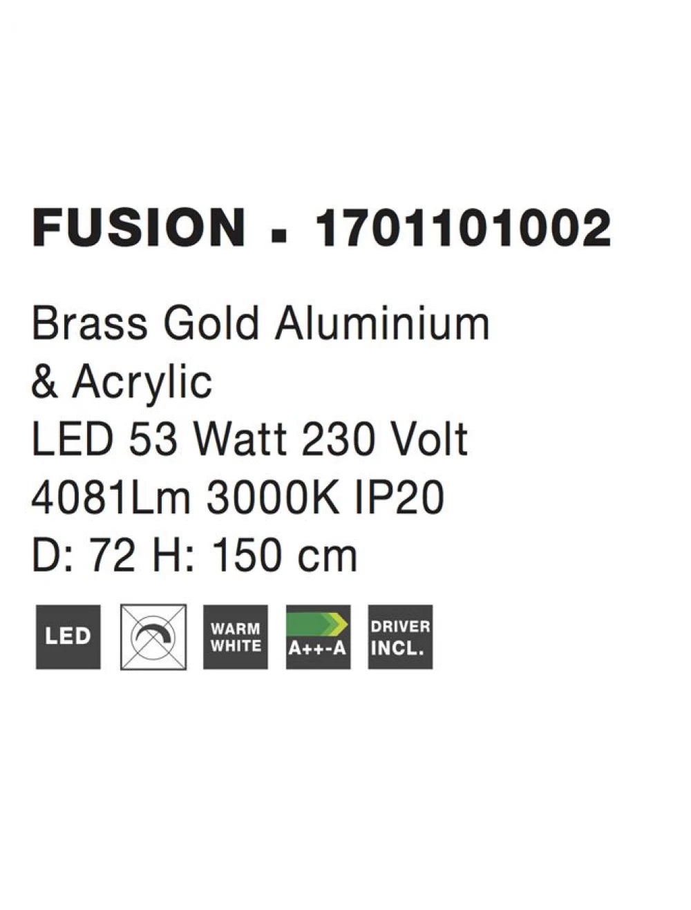 Lustra structura din Aluminiu Auriu si abajur din Acrilic Alb H150xL72cm IP20 53W 4081lm 3000k FUSION