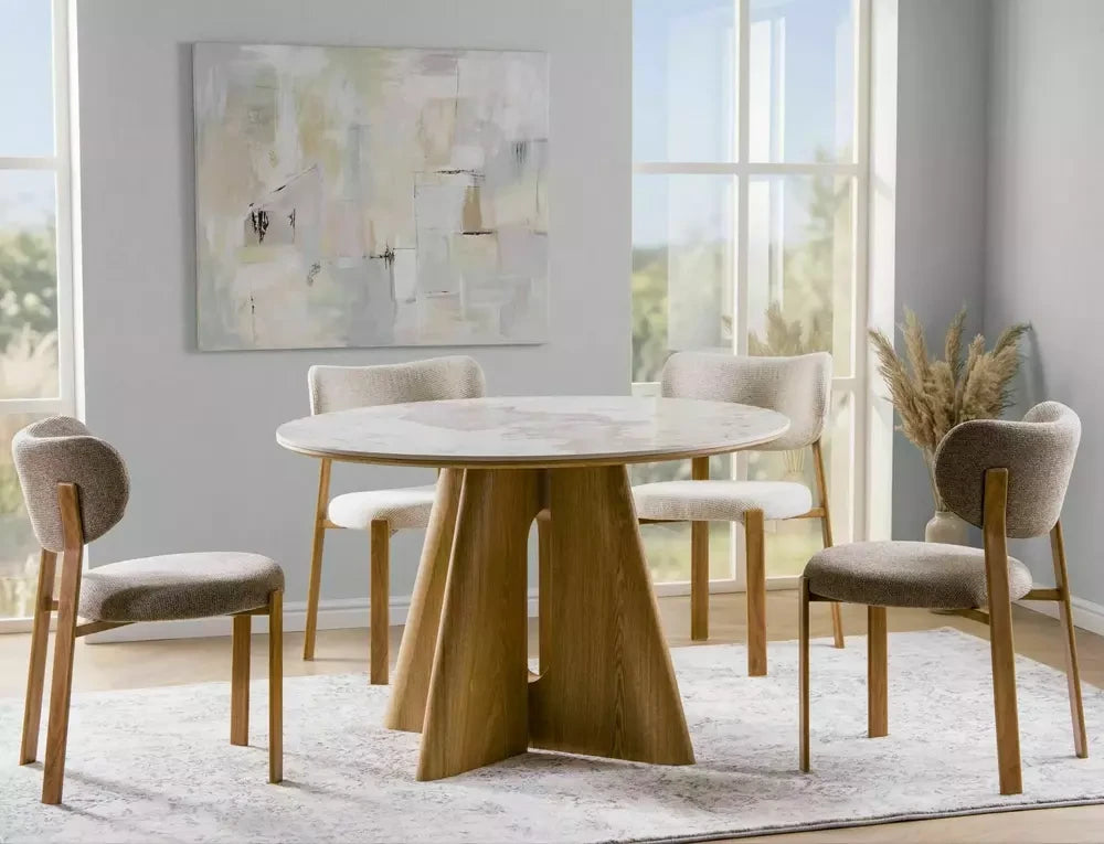 Masa rotunda fixa - blat- mdf+ ceramică Pandoro, picior furnir de stejar D120cmxH77cm Alzano