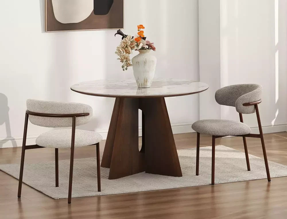 Masa rotunda fixa - blat- mdf + ceramică Pandoro, picior furnir de nuc maro inchis D120cmxH77cm Alzano