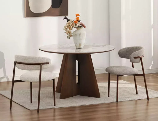 Masa rotunda fixa - blat- mdf + ceramică Pandoro, picior furnir de nuc maro inchis D120cmxH77cm Alzano