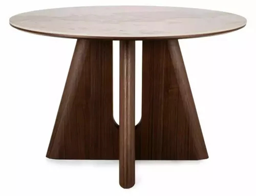 Masa rotunda fixa - blat- mdf + ceramică Pandoro, picior furnir de nuc maro inchis D120cmxH77cm Alzano