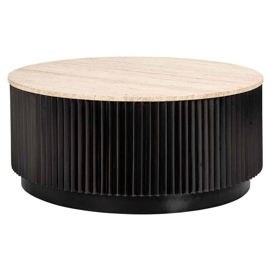 Masuta de cafea Rotunda din Travertin si Metal Bej/Negru D90xH39cm Hampton Richmond Interiors