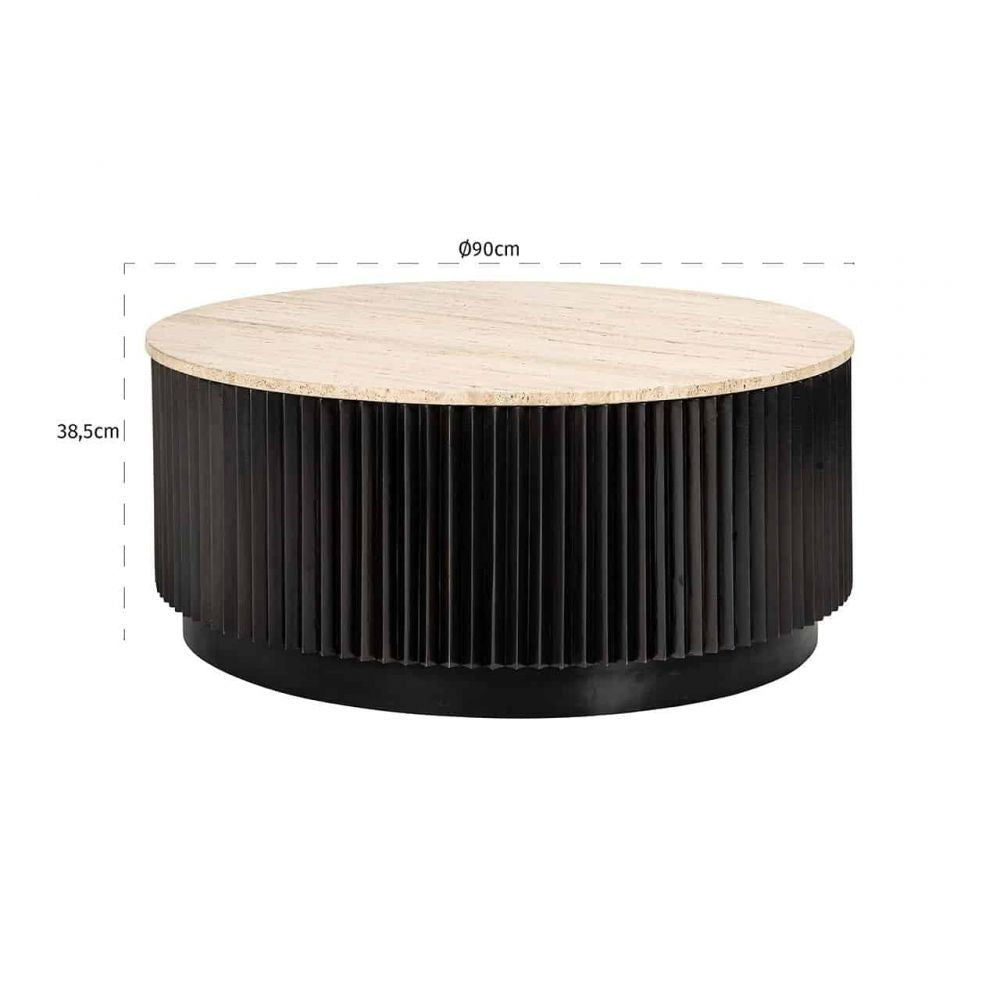 Masuta de cafea Rotunda din Travertin si Metal Bej/Negru D90xH39cm Hampton Richmond Interiors