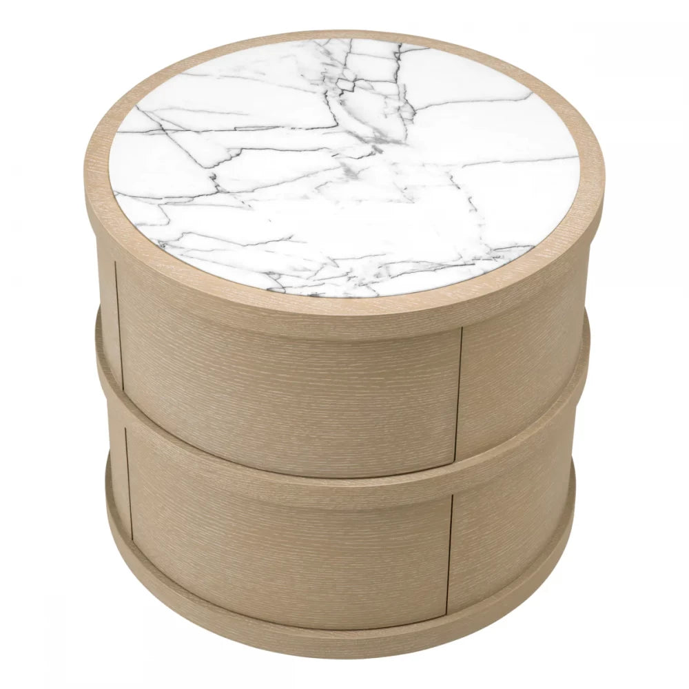 Noptiera rotunda din Furnir de stejar Maro deschis si Marmura Alb D60.5xH56cm Cabana Eichholtz
