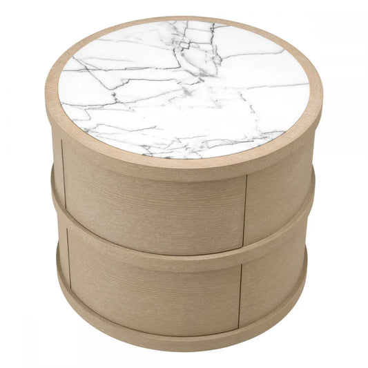 Noptiera rotunda din Furnir de stejar Maro deschis si Marmura Alb D60.5xH56cm Cabana Eichholtz