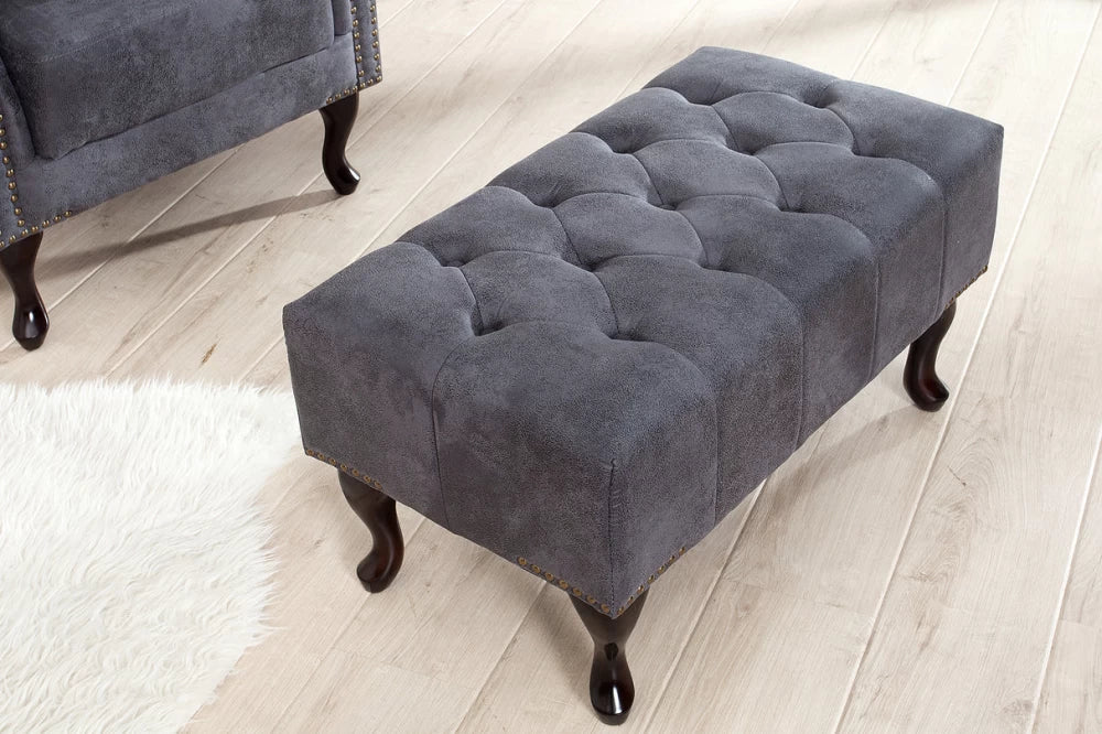 Puf din Lemn Maro inchis si Microfibra Gri H40xL80cm Chesterfield