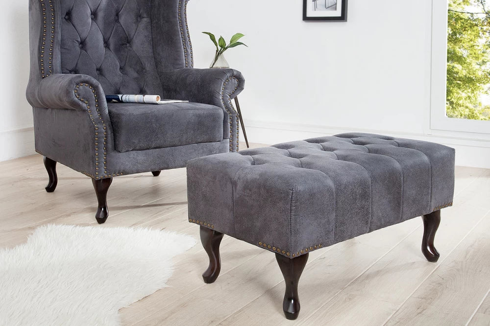 Puf din Lemn Maro inchis si Microfibra Gri H40xL80cm Chesterfield