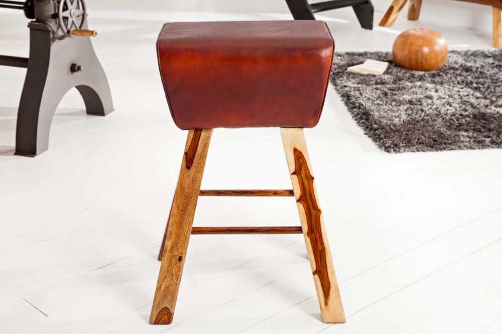 Scaun de bar din Lemn de mango Maro si Piele naturala Maro H75xL55cm Bock