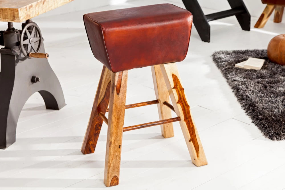 Scaun de bar din Lemn de mango Maro si Piele naturala Maro H75xL55cm Bock