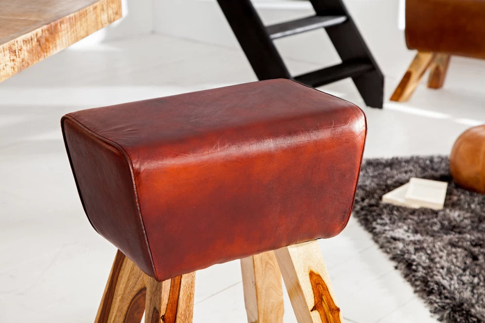 Scaun de bar din Lemn de mango Maro si Piele naturala Maro H75xL55cm Bock