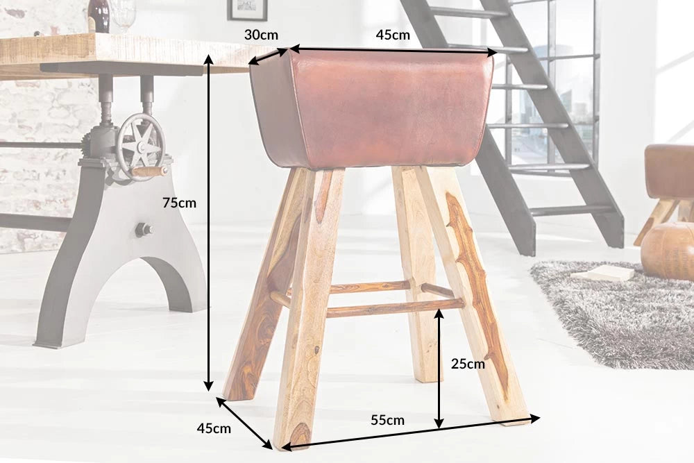 Scaun de bar din Lemn de mango Maro si Piele naturala Maro H75xL55cm Bock