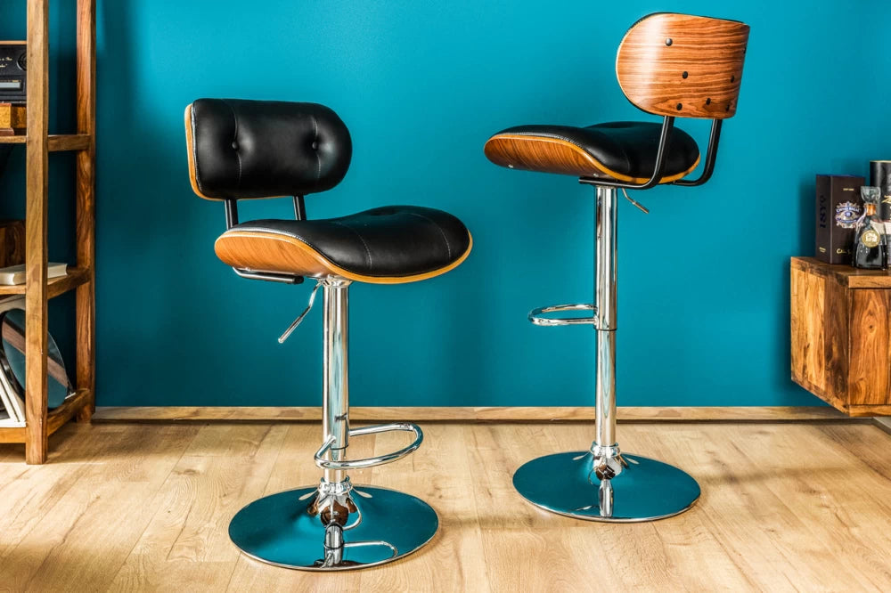 Scaun de bar din Metal Argintiu si Piele artificiala Negru H95-115xL51cm Classico