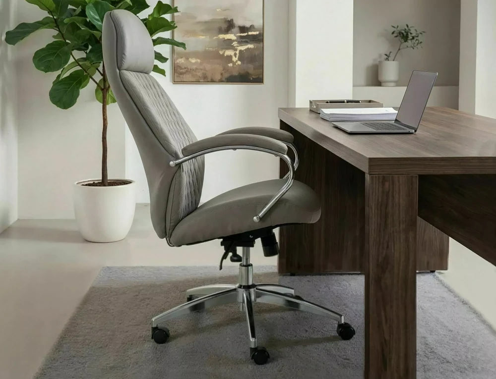 Scaun de birou din Piele ecologica Gri si Metal Argintiu H118-126xL64xA63cm Q-09