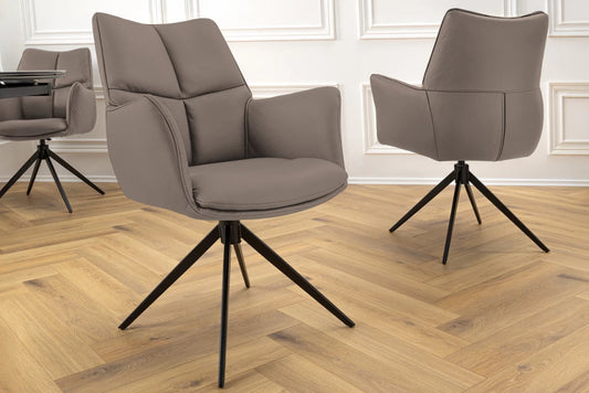 Scaun rotativ cu brate tapitat cu Piele naturala Maro si picioare din Metal Negru H89xL62xA64cm Papillon