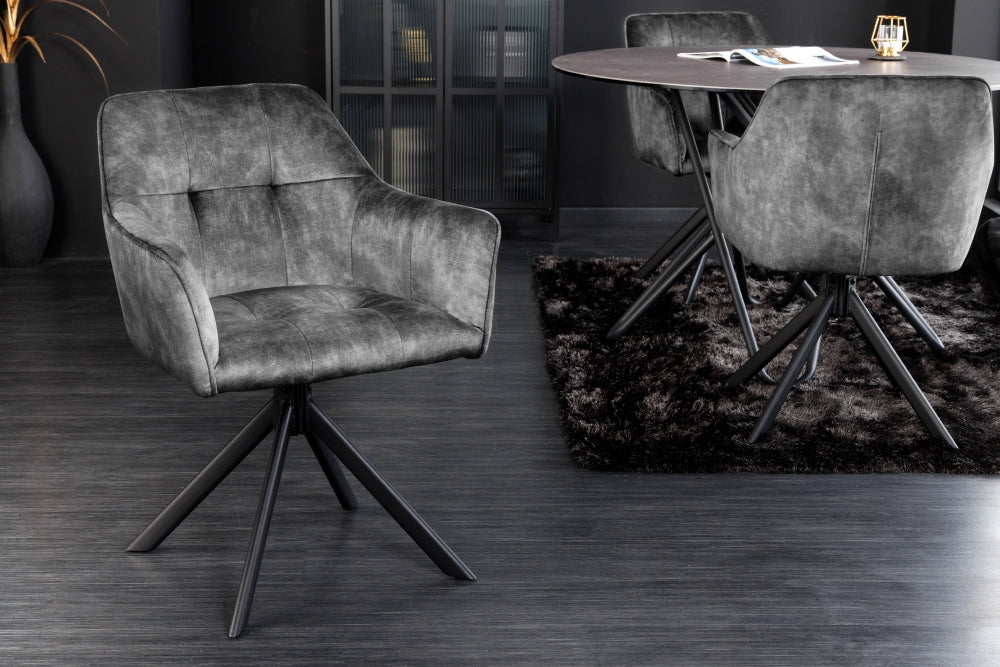 Set 2 scaune rotative tapitat cu Catifea Gri cu picioare din Metal Negru H83xL60xA61cm Loft