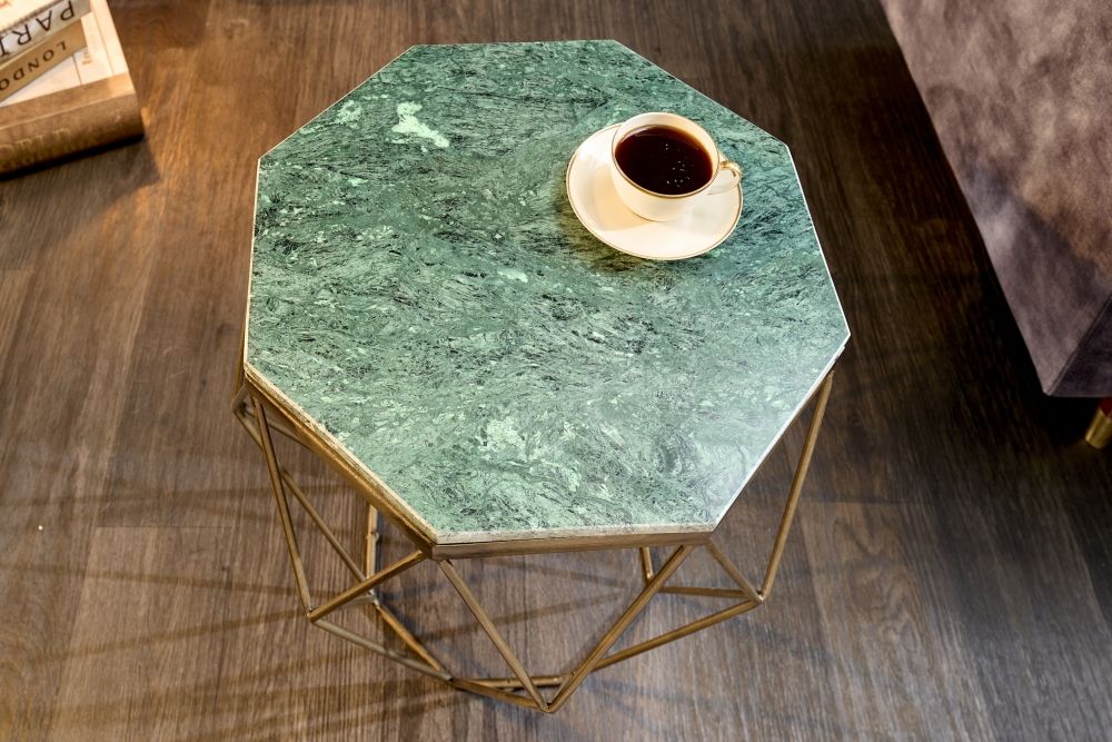 Masuta de cafea Hexagonala din Marmura si Metal Verde/Auriu L50xH50cm Diamond