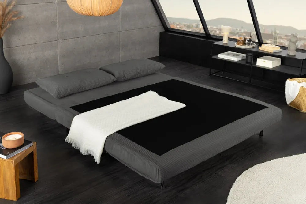 Fotoliu cu functie de dormit tapitat cu Raiat Gri si picioare din Lemn de pin Negru H83xL140xA90cm SMART MULTIFUNCTION