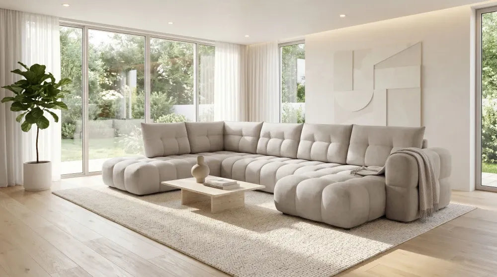 Coltar in forma de U tapitat cu material pet friendly Alias bej L374 x 219cm