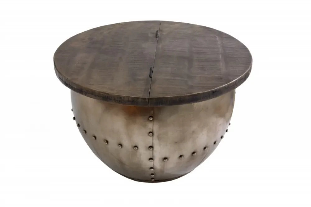 Masuta de cafea Rotunda din Lemn masiv de mango Gri si Metal Argintiu D68xH44cm Drum Storage