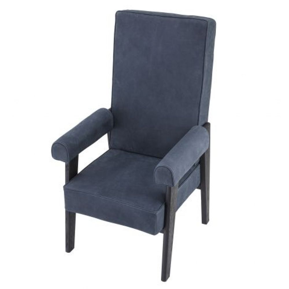 Fotoliu din Piele Albastru cu baza din Lemn masiv de stejar Negru H123xL70xA78cm Milo