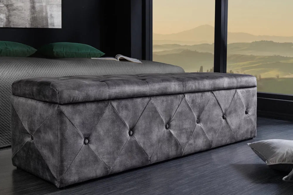 Bancheta cu spatiu de depozitare din Catifea Gri H40xL140cm Extravagancia