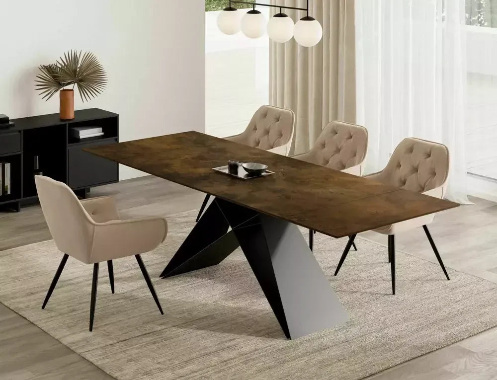 Masa Dreptunghiulara de 12 persoane din Sticla securizata+Ceramica Maro ossido bruno si Metal Negru mat L160-240xH77cm Westin
