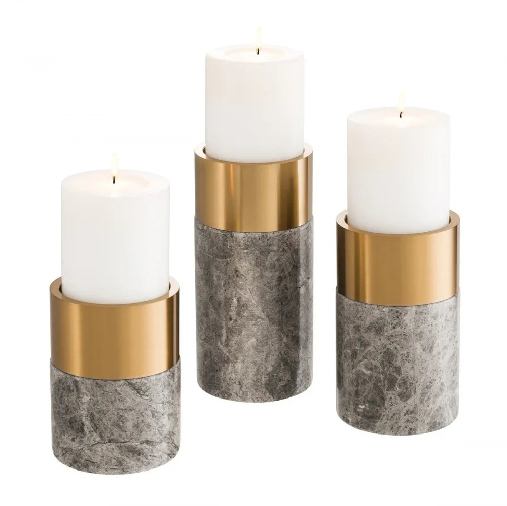 Set 3 suporturi lumanari din Metal/Marmura Alama/Gri D12cm Sierra Eichholtz