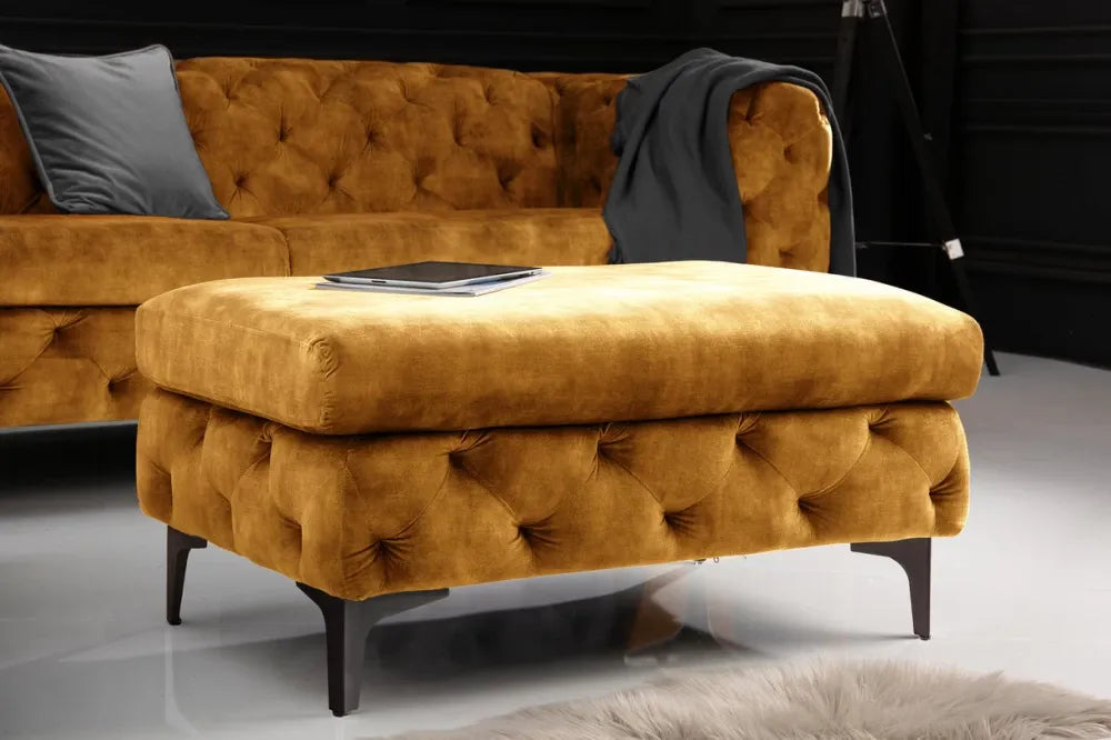 Puf din Metal Negru si Catifea Galben H45xL92cm Modern Barock