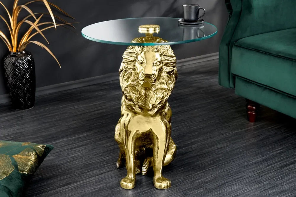 Masuta laterala din Sticla securizata Transparent si Metal Auriu L45xH57cm Wildlife lion