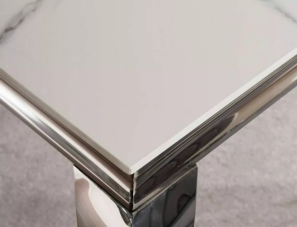 Masa extensibila din Ceramica Alb cu efect de marmura si Metal Argintiu L150xH75cm Prince