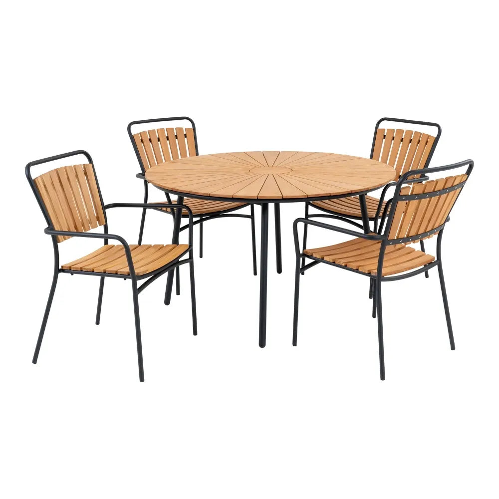 Set masa cu scaune de exterior din Metal Negru si Lemn de tec Maro Cleveland