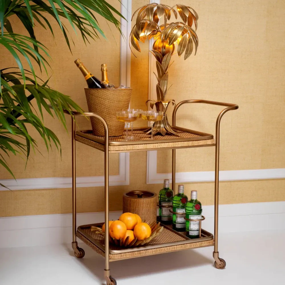 Carucior de servire Dreptunghiulara din Otel inoxidabil Alama si Ratan Bej L92xl47cm Pescara Eichholtz