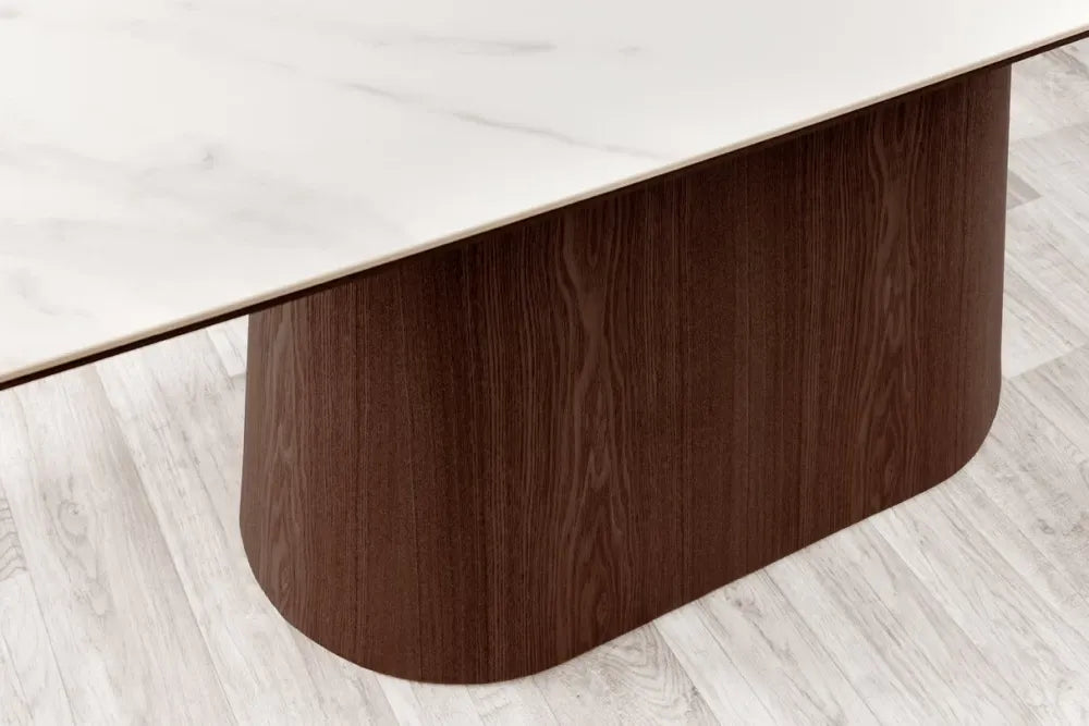 Masa din Ceramica Alb cu efect de marmura si Furnir de nuc Maro inchis L200xH76cm Unique