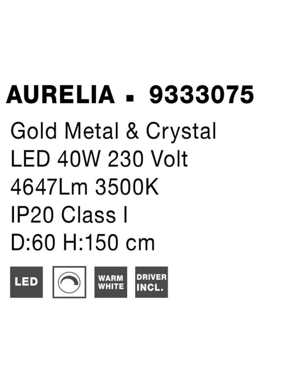 Lustra structura din Metal Auriu si abajur din Cristal Transparent H150xL60cm IP20 41W 4647lm 3500k AURELIA