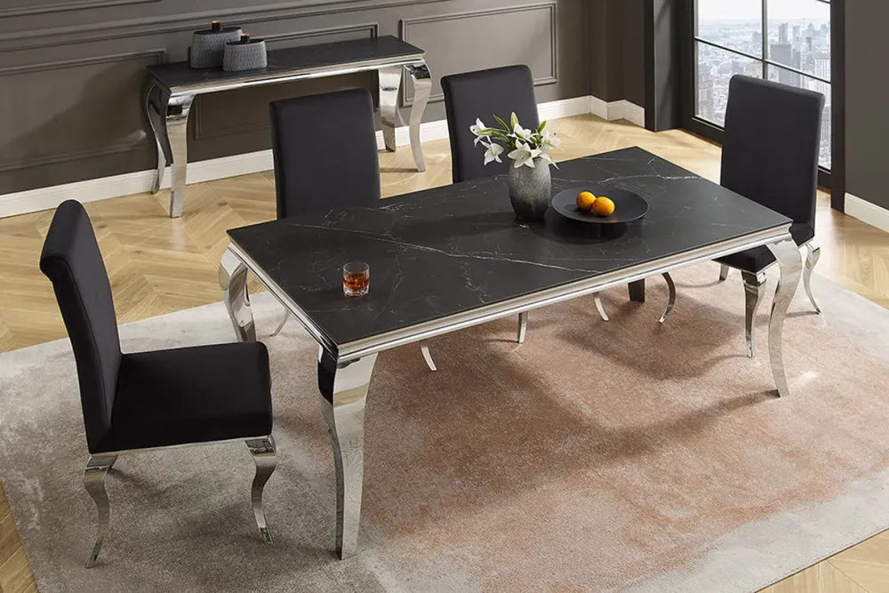 Masa din Piatra sinterizata Negru si Otel inoxidabil Argintiu L180xH75cm Modern barock