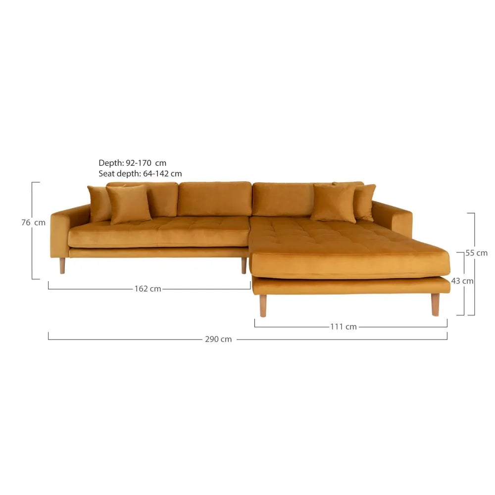 Coltar cu orientare dreapta cu picioare din lemn de fag maro tapitat cu Catifea Galben L290xH76cm Lido