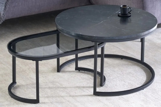 Set 2 masute de cafea Rotunde din Lemn stratificat/Sticla securizata Negru si Metal Negru D72xH42cm Elegance