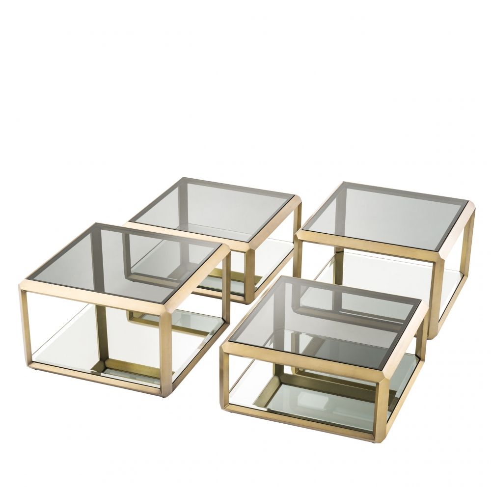Set 4 masute de cafea Patrate din Otel inoxidabil si Sticla Auriu/Transparent L75xH36/48cm Callum
