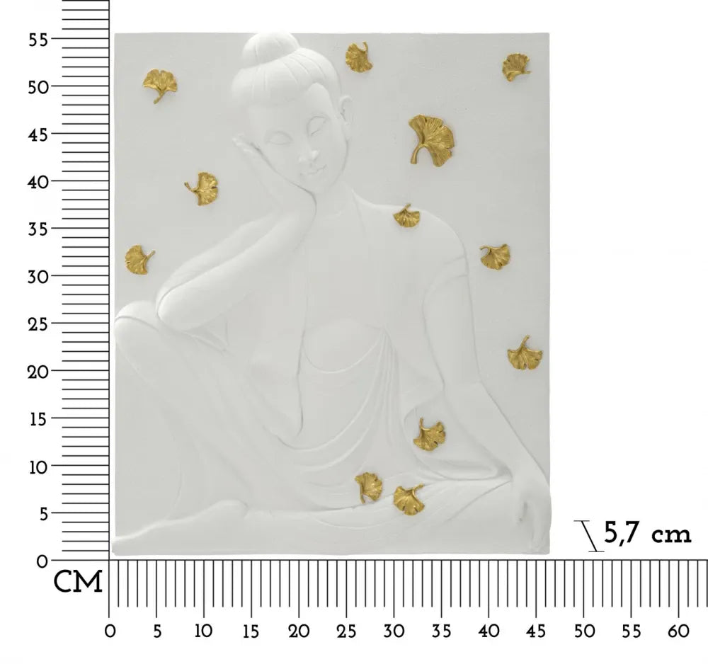 Decoratiune metalica de perete Dreptunghiulara din Polirasina Alb L55,5x46x5,7cm Buddha